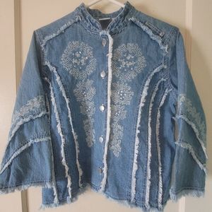 Bleu Bayou Embroidered Sequin Frayed 3/4 Sleeve Button Down Denim Jacket